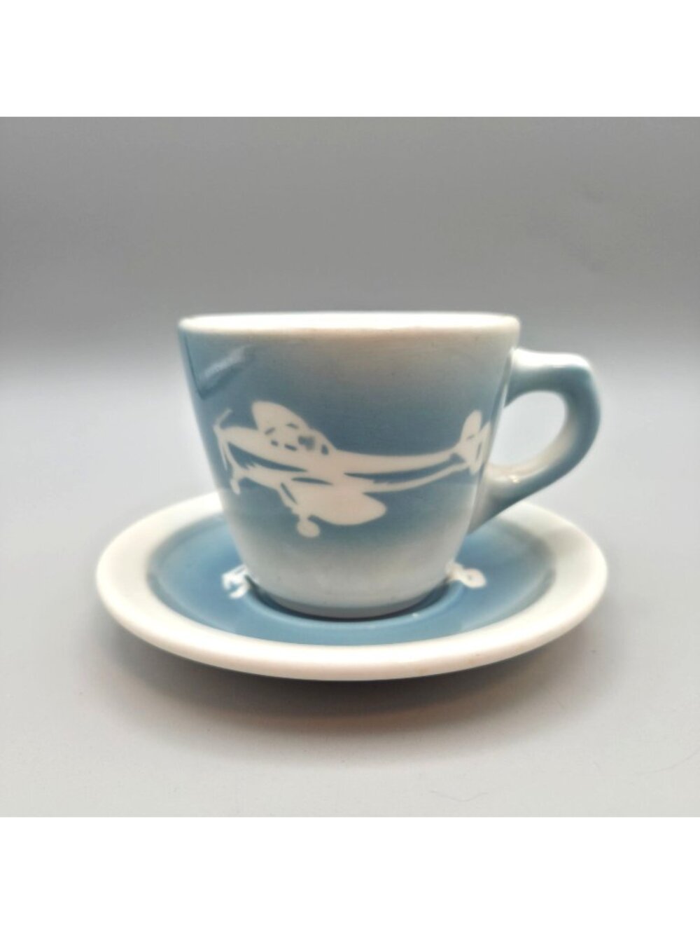 Vintage Syracuse China Ercoupe Airplane Cup Saucer Set Blue Shadowtone Diner